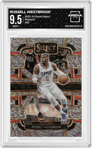 Russell Westbrook from the 2023-24 Panini Select  set featuring a Elephant Prizm parallel graded by Arena Club and given an overall grade of 9.5.