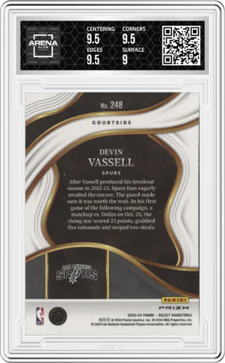 Devin Vassell from the 2023-24 Panini Select  set featuring a Zebra Prizm parallel graded by Arena Club and given an overall grade of 9.5.