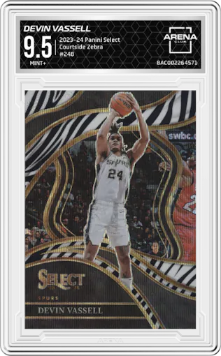 Devin Vassell from the 2023-24 Panini Select  set featuring a Zebra Prizm parallel graded by Arena Club and given an overall grade of 9.5.