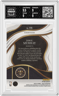 Jamal Murray from the 2023-24 Panini Select  set featuring a Zebra Prizm parallel graded by Arena Club and given an overall grade of 9.