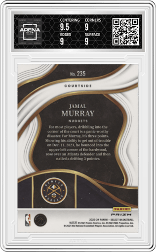 Jamal Murray from the 2023-24 Panini Select  set featuring a Zebra Prizm parallel graded by Arena Club and given an overall grade of 9.