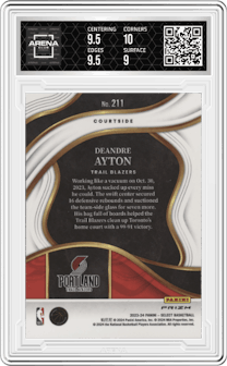 Deandre Ayton from the 2023-24 Panini Select  set featuring a Zebra Prizm parallel graded by Arena Club and given an overall grade of 9.5.