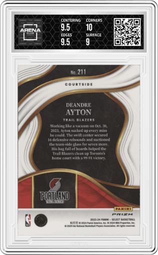Deandre Ayton from the 2023-24 Panini Select  set featuring a Zebra Prizm parallel graded by Arena Club and given an overall grade of 9.5.