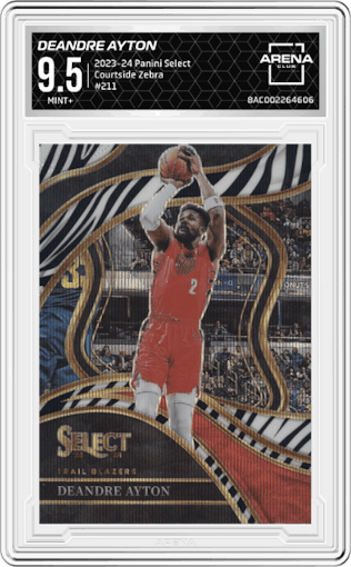 Deandre Ayton from the 2023-24 Panini Select  set featuring a Zebra Prizm parallel graded by Arena Club and given an overall grade of 9.5.