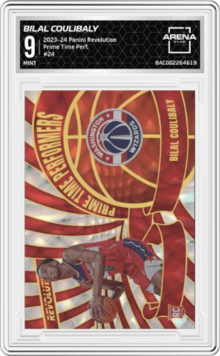 Bilal Coulibaly from the 2023-24 Panini Revolution set graded by Arena Club and given an overall grade of 9.