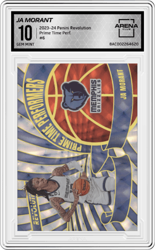 Ja Morant from the 2023-24 Panini Revolution set graded by Arena Club and given an overall grade of 10.