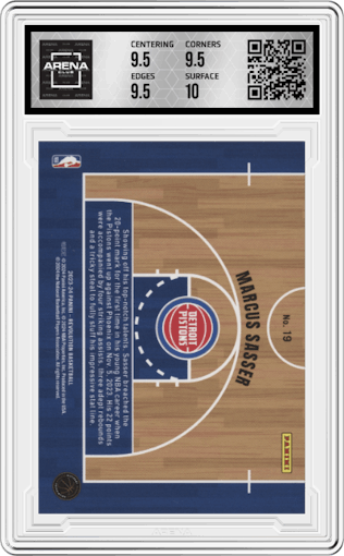 Marcus Sasser from the 2023-24 Panini Revolution set graded by Arena Club and given an overall grade of 10.
