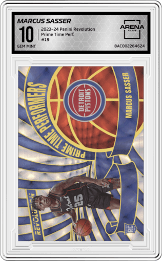Marcus Sasser from the 2023-24 Panini Revolution set graded by Arena Club and given an overall grade of 10.