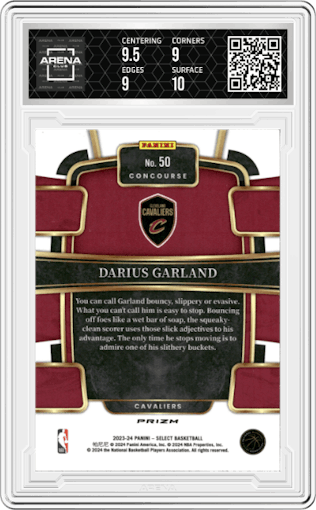 Darius Garland from the 2023-24 Panini Select  set featuring a Tiger parallel graded by Arena Club and given an overall grade of 9.5.