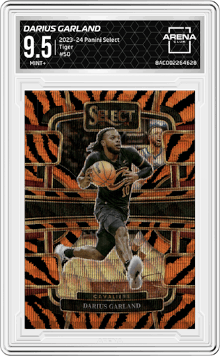 Darius Garland from the 2023-24 Panini Select  set featuring a Tiger parallel graded by Arena Club and given an overall grade of 9.5.