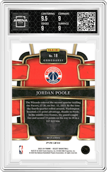 Jordan Poole from the 2023-24 Panini Select  set featuring a Tiger parallel graded by Arena Club and given an overall grade of 9.