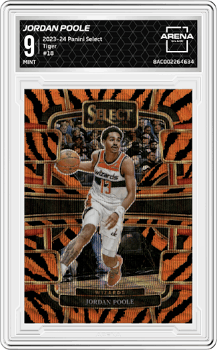 Jordan Poole from the 2023-24 Panini Select  set featuring a Tiger parallel graded by Arena Club and given an overall grade of 9.