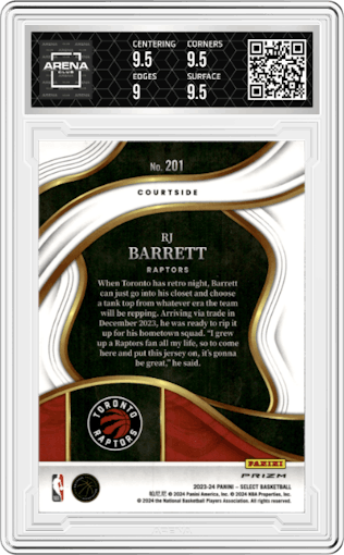 RJ Barrett from the 2023-24 Panini Select  set featuring a Elephant parallel graded by Arena Club and given an overall grade of 9.5.