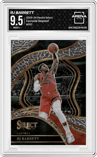 RJ Barrett from the 2023-24 Panini Select  set featuring a Elephant parallel graded by Arena Club and given an overall grade of 9.5.