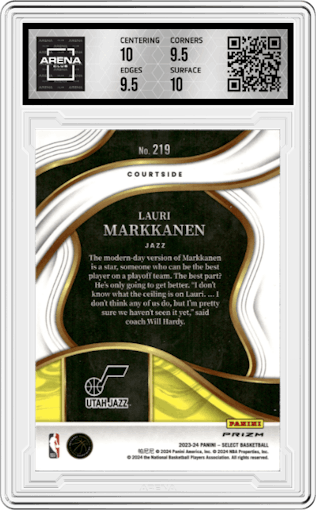 Lauri Markkanen  from the 2023-24 Panini Select  set featuring a Elephant parallel graded by Arena Club and given an overall grade of 10.
