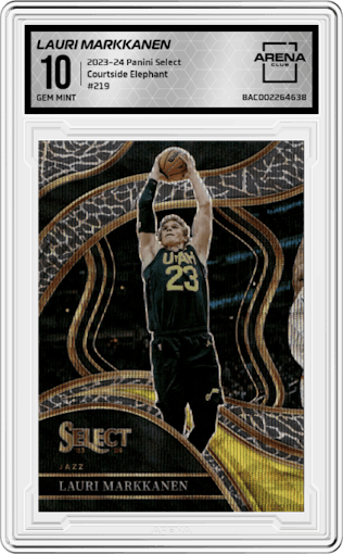 Lauri Markkanen  from the 2023-24 Panini Select  set featuring a Elephant parallel graded by Arena Club and given an overall grade of 10.
