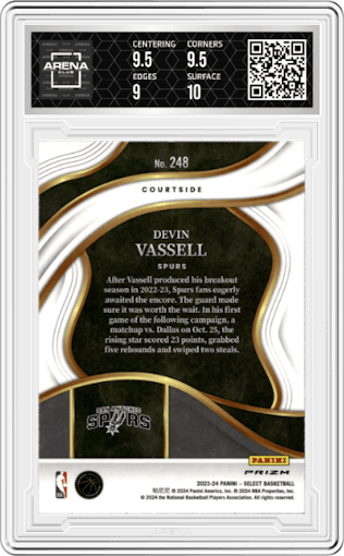 Devin Vassell from the 2023-24 Panini Select  set featuring a Elephant parallel graded by Arena Club and given an overall grade of 9.5.