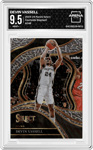 Devin Vassell from the 2023-24 Panini Select  set featuring a Elephant parallel graded by Arena Club and given an overall grade of 9.5.