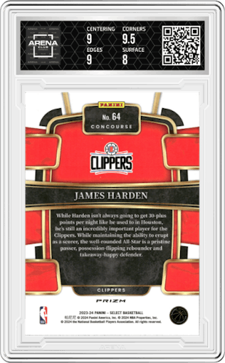 James Harden from the 2023-24 Panini Select  set featuring a Tiger parallel graded by Arena Club and given an overall grade of 8.5.