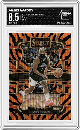 James Harden from the 2023-24 Panini Select  set featuring a Tiger parallel graded by Arena Club and given an overall grade of 8.5.