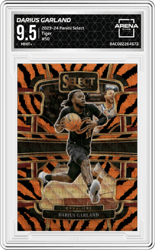 Darius Garland from the 2023-24 Panini Select  set featuring a Tiger parallel graded by Arena Club and given an overall grade of 9.5.