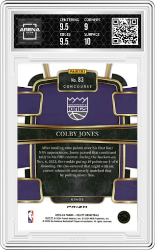 Colby Jones from the 2023-24 Panini Select  set featuring a Elephant Prizm parallel graded by Arena Club and given an overall grade of 9.5.