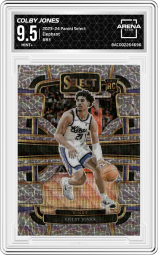 Colby Jones from the 2023-24 Panini Select  set featuring a Elephant Prizm parallel graded by Arena Club and given an overall grade of 9.5.