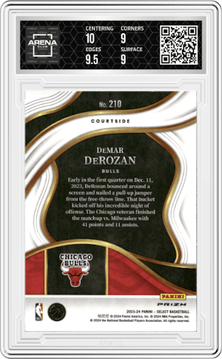 DeMar DeRozan from the 2023-24 Panini Select  set featuring a Elephant parallel graded by Arena Club and given an overall grade of 9.5.