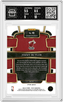 Jimmy Butler from the 2023-24 Panini Select  set featuring a Elephant Prizm parallel graded by Arena Club and given an overall grade of 9.