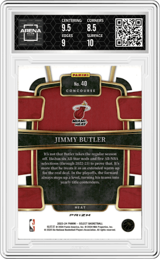 Jimmy Butler from the 2023-24 Panini Select  set featuring a Elephant Prizm parallel graded by Arena Club and given an overall grade of 9.