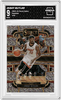 Jimmy Butler from the 2023-24 Panini Select  set featuring a Elephant Prizm parallel graded by Arena Club and given an overall grade of 9.