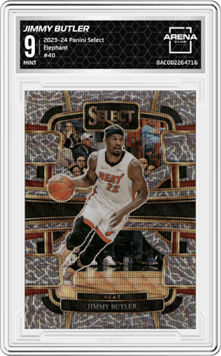 Jimmy Butler from the 2023-24 Panini Select  set featuring a Elephant Prizm parallel graded by Arena Club and given an overall grade of 9.