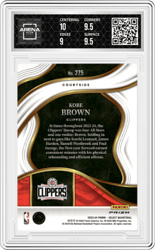 Kobe Brown from the 2023-24 Panini Select  set featuring a Elephant parallel graded by Arena Club and given an overall grade of 9.5.