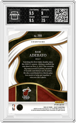 Bam Adebayo from the 2023-24 Panini Select  set featuring a Elephant parallel graded by Arena Club and given an overall grade of 8.