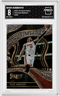 Bam Adebayo from the 2023-24 Panini Select  set featuring a Elephant parallel graded by Arena Club and given an overall grade of 8.