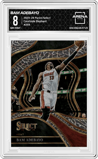 Bam Adebayo from the 2023-24 Panini Select  set featuring a Elephant parallel graded by Arena Club and given an overall grade of 8.