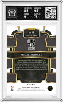 Mikal Bridges from the 2023-24 Panini Select  set featuring a Elephant Prizm parallel graded by Arena Club and given an overall grade of 8.