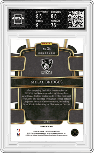 Mikal Bridges from the 2023-24 Panini Select  set featuring a Elephant Prizm parallel graded by Arena Club and given an overall grade of 8.