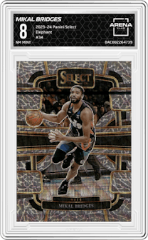 Mikal Bridges from the 2023-24 Panini Select  set featuring a Elephant Prizm parallel graded by Arena Club and given an overall grade of 8.
