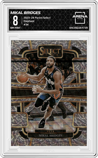 Mikal Bridges from the 2023-24 Panini Select  set featuring a Elephant Prizm parallel graded by Arena Club and given an overall grade of 8.