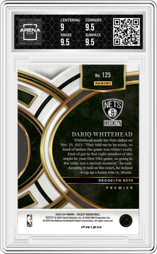 Dariq Whitehead from the 2023-24 Panini Select  set featuring a Tiger parallel graded by Arena Club and given an overall grade of 9.5.