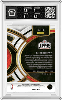 Kobe Brown from the 2023-24 Panini Select  set featuring a Tiger parallel graded by Arena Club and given an overall grade of 8.5.