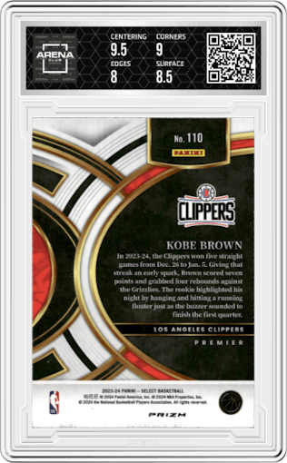 Kobe Brown from the 2023-24 Panini Select  set featuring a Tiger parallel graded by Arena Club and given an overall grade of 8.5.