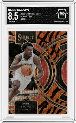 Kobe Brown from the 2023-24 Panini Select  set featuring a Tiger parallel graded by Arena Club and given an overall grade of 8.5.