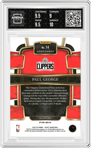 Paul George from the 2023-24 Panini Select  set featuring a Elephant Prizm parallel graded by Arena Club and given an overall grade of 9.5.