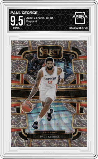 Paul George from the 2023-24 Panini Select  set featuring a Elephant Prizm parallel graded by Arena Club and given an overall grade of 9.5.