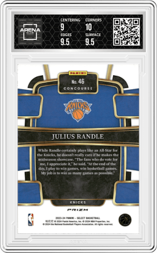 Julius Randle from the 2023-24 Panini Select  set featuring a Tiger parallel graded by Arena Club and given an overall grade of 9.5.
