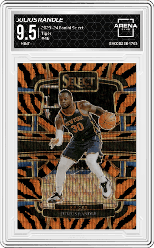 Julius Randle from the 2023-24 Panini Select  set featuring a Tiger parallel graded by Arena Club and given an overall grade of 9.5.