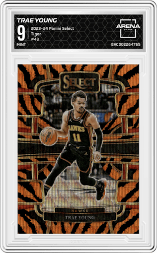 Trae Young from the 2023-24 Panini Select  set featuring a Tiger parallel graded by Arena Club and given an overall grade of 9.