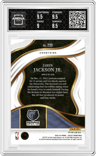 Jaren Jackson Jr. from the 2023-24 Panini Select  set featuring a Tiger parallel graded by Arena Club and given an overall grade of 9.
